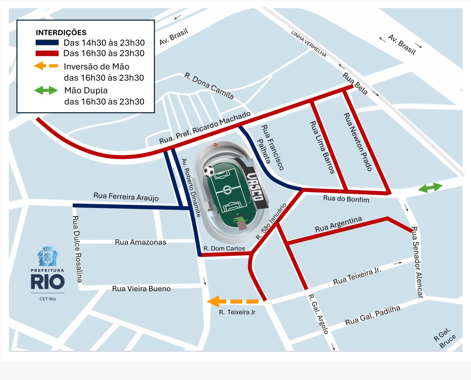 Atenção: CET-Rio altera trânsito no entorno de São Januário para Vasco x Mirassol